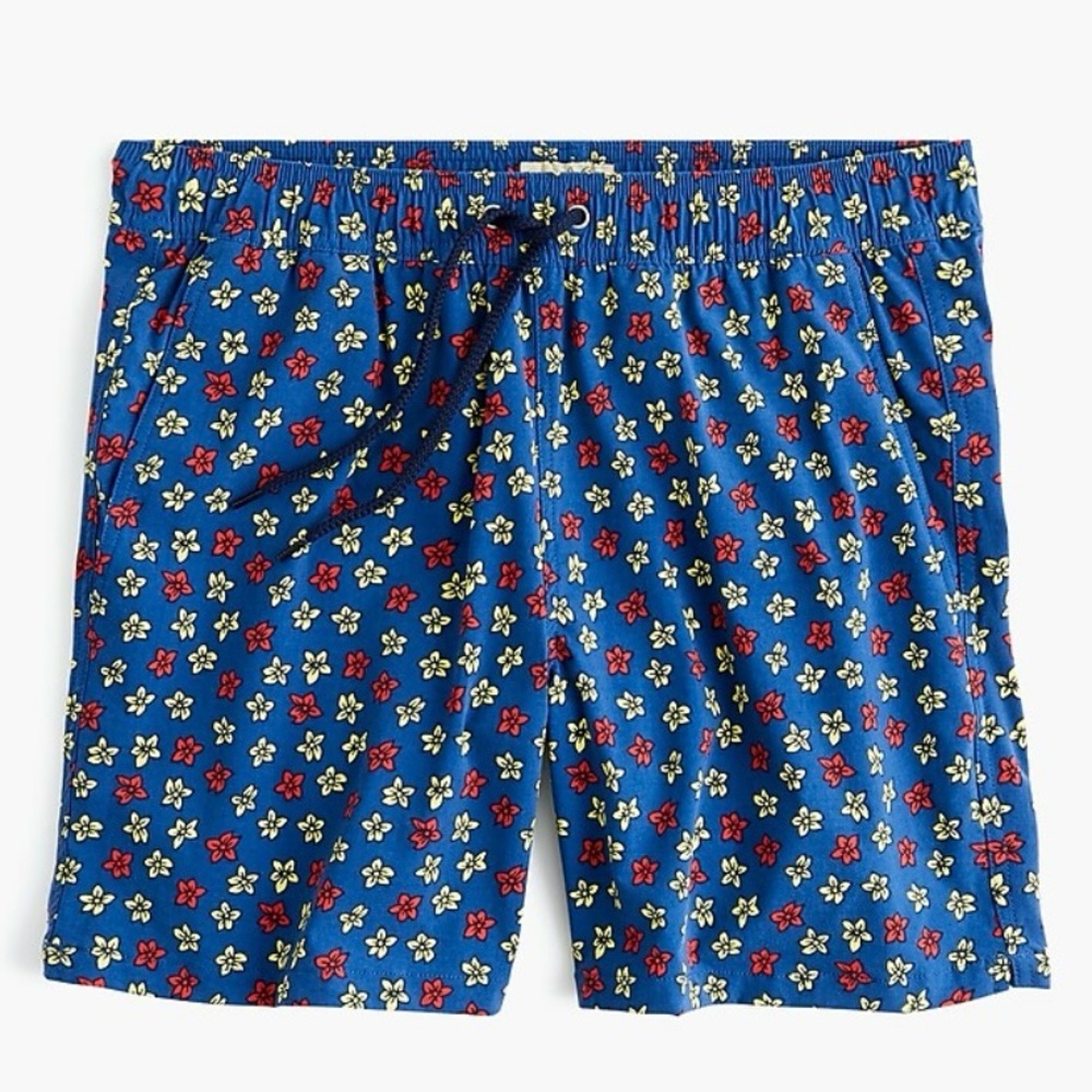 J. Crew 6" stretch eco blue swim trunks in jumping flowers print Size XL